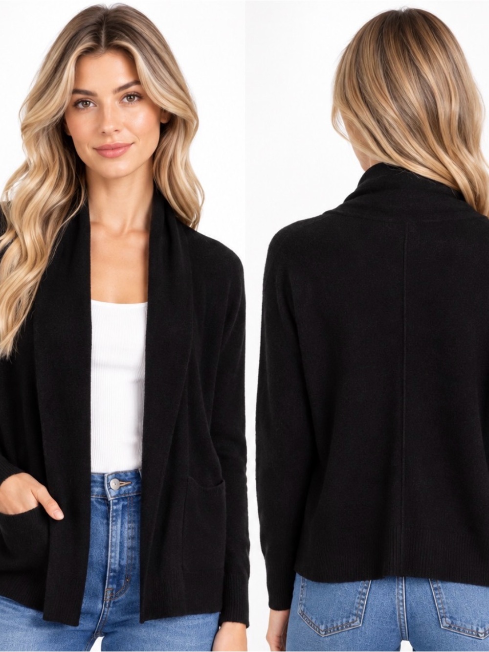 360 Cashmere Black Open Front Cardigan Sweater Jacket Pockets Size S NWT